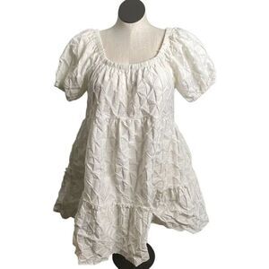 Two Cumberland Womens Mini Dress L White Pintucked Puff Sleeve Tiered Skirt